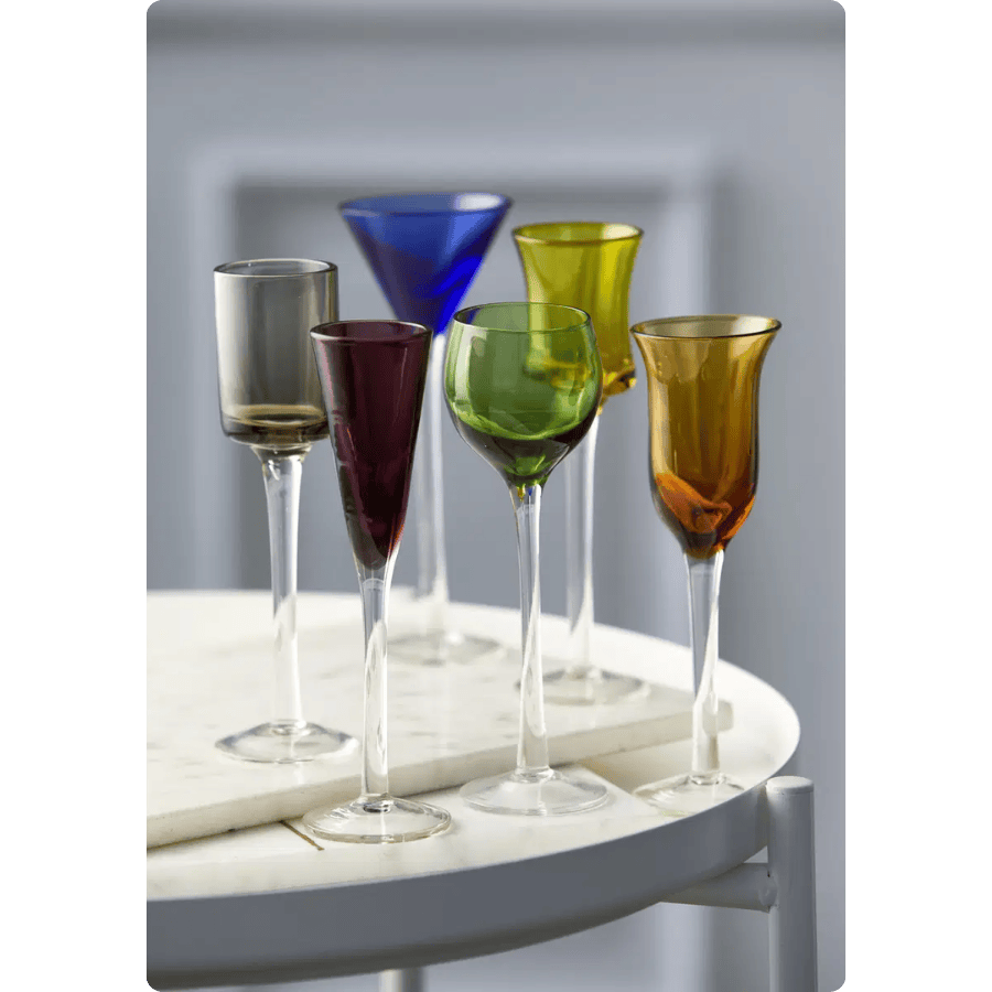 Lyngby Glas Snapseglas på fod 6 stk i assorterede farver og former